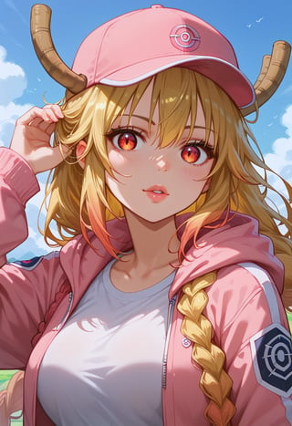 score_9, score_8_up, score_7_up, score_6_up,source_anime,
1girl, solo, long hair, looking at viewer, red eyes, blonde hair, hat, jacket, upper body, golden hair, braid, multicolored hair, lips, baseball cap, hand on headwear, pink headwear, pink jacket, tohru (maidragon)