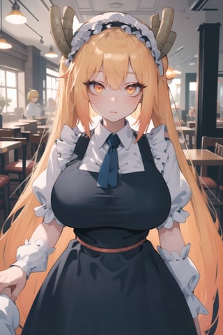 BEST QUALITY, HIGHRES, ABSURDRES, HIGH_RESOLUTION, MASTERPIECE, SUPER DETAIL, HYPER DETAIL, INTRICATE_DETAILS, LIGNE_CLAIRE, PERFECTEYES, DARK EYELASHES, EYELINER, SOFT GLOWING EYES,

large_breasts, looking_at_viewer, cafe, tohru (maidragon), full_body, hand_pov, golden hair
