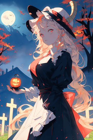 (masterpiece, best quality, highres), ultra resolution image, (solo), (1girl), niji, long hair, dress, bow, sitting, very long hair, white hair, barefoot, black dress, tree, night, bird, moon, grass, cross, fire, full moon, halloween, skull, lantern, fence, jack-o'-lantern, pumpkin, bare tree, tombstone, graveyard, midjourney, tohru (maidragon)