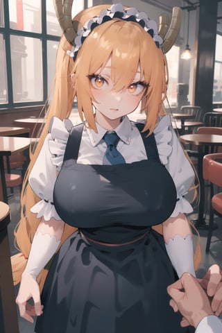 BEST QUALITY, HIGHRES, ABSURDRES, HIGH_RESOLUTION, MASTERPIECE, SUPER DETAIL, HYPER DETAIL, INTRICATE_DETAILS, LIGNE_CLAIRE, PERFECTEYES, DARK EYELASHES, EYELINER, SOFT GLOWING EYES,

large_breasts, looking_at_viewer, cafe, tohru (maidragon), full_body, hand_pov
