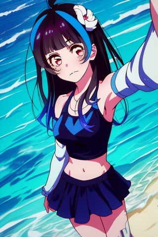 hight quality,(long shot),1080P, beautiful face,1girl,solo,selfie,in a light blue swimsuit, with day beach in the background, Mini Yaemori from rent a girlfriend, hair ornament, center opening, navel, midriff, skirt, detached sleeves