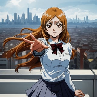 hight quality,(long shot),1080P, beautiful face,1girl,solo,in provocative pose,in school uniform,with day city in the background, orihime inoue from bleach,orihimedef