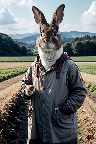 Generate high-quality cinematic image, extreme details, ultra definition, extreme realism, high-quality lighting, 16k UHD, A rabbit in the middle of the field dressed in farmer's clothes pretending to dress just like a human