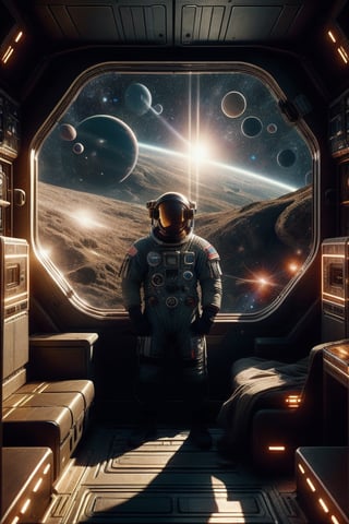 It generates a high-quality cinematic image, extreme details, ultra definition, extreme realism, high-quality lighting, 16k UHD, an astronaut in the middle of outer space with stars and planets completely full of brightness just like his suit,bing_astronaut,eotw_lora,Futuristic room