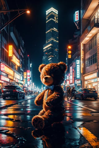 There is a teddy bear lying lying on the street, the bear has realistic and furry texture
The street is empty at night and there are ambient lights, red, blue and yellow, all the shops, cars and objects on the street are perfect 1.4
((it's super realistic))
full and half shot,CyberpunkWorld