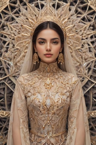 A mesmerizing ((hyperrealistic)) portrait of a stunning Persian woman, exuding an angelic charm and youthful radiance. The subject adorns a vibrant, traditional attire, accentuated that boldly contrast against the negative space and geometric shapes. The artwork masterfully unites emotive conceptual portraiture with a flawless fusion of organic and mathematical forms. The 8K render and 4K textural richness accentuate the elegance of the corona 9 radiant glow, capturing the essence of modest ethnic beauty ideals. The image was skillfully captured using a Canon EOS R5, embodying both technical and artistic sophistication. Perfect textures and details ,ral-pnrse,Masterpiece,REALISTIC