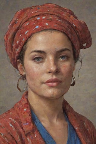 He creates a woman, with features of these characteristics: her hair is brown with a low, curly bun, she has a red scarf tied around her head. Her face is gorgeous, big blue eyes with many eyelashes, perfect small nose, big red mouth, she has freckles on her cheeks and rings on her ears,photo r3al,island