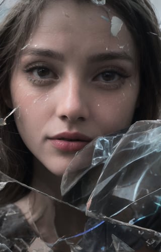 It generates a high quality cinematic image, extreme details, ultra definition, extreme realism, high quality lighting, 16k UHD, a woman with her face in the foreground with broken glass around her face flying through the air, she is crying