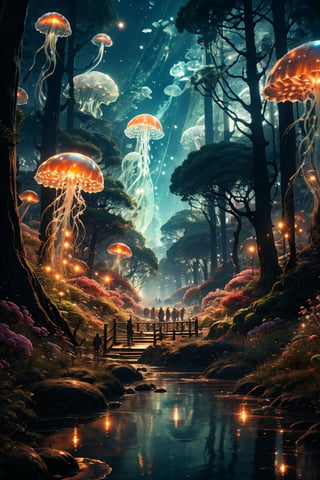 It generates a high-quality cinematic image, extreme details, ultra definition, extreme realism, high-quality lighting, 16k UHD, jellyfish moving in the middle of the forest,jellyfishforest, msenlin
