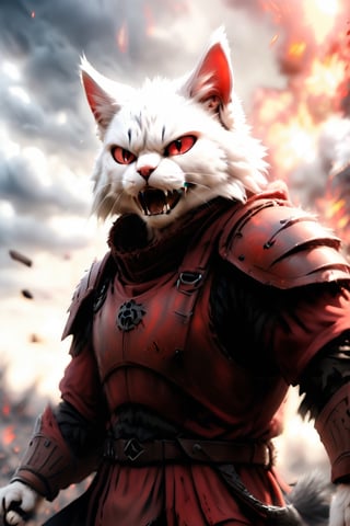 ((HYPER-REALIISTYC))
Create a human-sized cat, with furry texture and perfect details. The expression on his face is one of pain and fury.
He wears a dark red war suit, he is a fighter
He is in an open-air war context
Sunlight is little
Lots of chaos and destruction around
There is a battle,more detail XL,DonM3lv3nM4g1cXL,warrior,anthro,3D