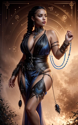 "Create a visual representation of a woman embodying the sign of Scorpio. Scorpio is a water sign known for its mystique. The woman has bluish hair intricately braided into a large braid. She wears a loose tunic that accentuates her curvy body. The shot is medium, with lighting resembling a sunset. ((She must hold a scorpion in her hands)). Pay particular attention to the detail of her hands, ensuring they are perfect.",lvdress,glowwave,bugger,Penguin ,mkscorpion