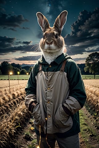 Generates high-quality cinematic image, extreme details, ultra definition, extreme realism, high-quality lighting, 16k UHD, A rabbit in the middle of the field dressed in farmer's clothes pretending to dress just like a realistic full HD human excellent lighting and details