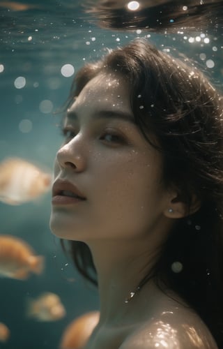 It generates a high-quality cinematic image, extreme details, ultra definition, extreme realism, high-quality lighting, 16k UHD, a very close-up of a woman's face in profile but only half of her face is visible, only her eye, she is submerged in the sea and only her eye is appreciated, her eye is full of glitter and glitter,  He has freckles on his cheek and nose, they are also shiny, you can see his wet skin and hair