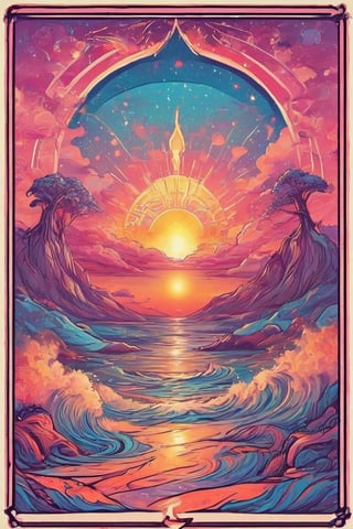 Create a tarot card that has a sunset,sticker,fluttershysaidsyayyy,Psychedelic alien worlds ,3l3ctronics,T-shirt design