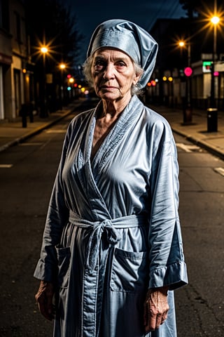 It generates a high-quality cinematic image, extreme details, ultra definition, extreme realism, high-quality lighting, 16k UHD, an old woman, very wrinkled and emaciated pale skin, with a robe that covers her head and body and is in the middle of an empty street with low lighting Masterpiece