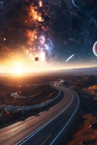 It generates a high quality cinematic image, extreme details, ultra definition, extreme realism, high quality lighting, 16k UHD, a road with cars on it but in the background and in front is outer space and you can see planets and stars the context is chaotic as if it were the end of the world, the light is sunset,  There are more cars on the road