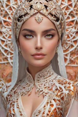 A mesmerizing ((hyperrealistic)) portrait of a stunning Persian woman, exuding an angelic charm and youthful radiance. The subject adorns a vibrant, traditional attire, accentuated by minimalist organic curves that boldly contrast against the negative space and geometric shapes. The artwork masterfully unites emotive conceptual portraiture with a flawless fusion of organic and mathematical forms. The 8K render and 4K textural richness accentuate the elegance of the corona 9 radiant glow, capturing the essence of modest ethnic beauty ideals. The image was skillfully captured using a Canon EOS R5, embodying both technical and artistic sophistication.,Vogue,neon photography style,ral-pnrse,(PnMakeEnh)