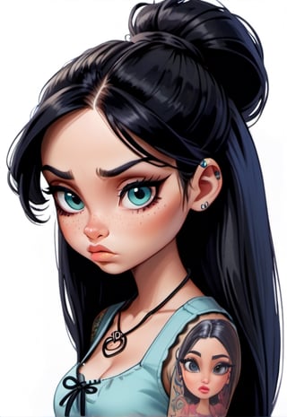 A woman with long black hair has her hair tied up. Her eyes are very big and her nose is very small, she has a very sad style, she looks like a bratz doll, she has tattoos
