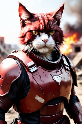 ((HYPER-REALIISTYC))
Create a human-sized cat, with furry texture and perfect details. The expression on his face is one of pain and fury.
He wears a dark red war suit, he is a fighter
He is in an open-air war context
Sunlight is little
Lots of chaos and destruction around
There is a battle,more detail XL