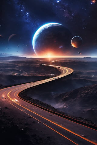 It generates a high quality cinematic image, extreme details, ultra definition, extreme realism, high quality lighting, 16k UHD, a road with cars on it but in the background and in front is outer space and you can see planets and stars, the context is chaotic as if it were the end of the world