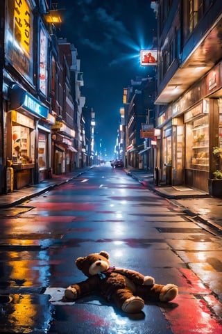 There is a teddy bear lying lying on the street, the bear has realistic and furry texture
The street is empty at night and there are ambient lights, red, blue and yellow, all the shops, cars and objects on the street are perfect
((it's super realistic))
full and half shot