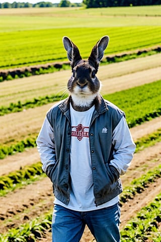 Generates high-quality cinematic image, extreme details, ultra definition, extreme realism, high-quality lighting, 16k UHD, A rabbit in the middle of the field dressed in farmer's clothes pretending to dress just like a realistic full HD human excellent lighting and details. 1.4