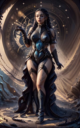 "Create a visual representation of a woman embodying the sign of Scorpio. Scorpio is a water sign known for its mystique. The woman has bluish hair intricately braided into a large braid. She wears a loose tunic that accentuates her curvy body. The shot is medium, with lighting resembling a sunset. ((She must hold a scorpion in her hands)). Pay particular attention to the detail of her hands, ensuring they are perfect.",lvdress,glowwave,bugger,Penguin 