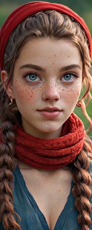 He creates a woman, with features of these characteristics: her hair is brown with a low, curly bun, she has a red scarf tied around her head. Her face is gorgeous, big blue eyes with many eyelashes, perfect small nose, big red mouth, she has freckles on her cheeks and rings on her ears