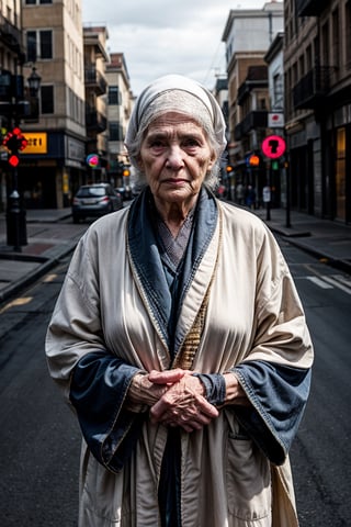It generates a high-quality cinematic image, extreme details, ultra definition, extreme realism, high-quality lighting, 16k UHD, an old woman, very wrinkled and emaciated pale skin, with a robe that covers her head and body and is in the middle of an empty street with low lighting,Masterpiece