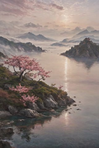 It creates a Chinese landscape, with mountains, lake, pink clouds in the sky, and a golden dragon among the clouds. Cherry trees on earth,Gold Edged Black Rose,Ukiyo-e,island