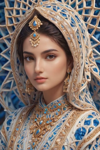 A mesmerizing ((hyperrealistic)) portrait of a stunning Persian woman, exuding an angelic charm and youthful radiance. The subject adorns a vibrant, traditional attire, accentuated that boldly contrast against the negative space and blue light geometric shapes. The artwork masterfully unites emotive conceptual portraiture with a flawless fusion of organic and mathematical forms. The 8K render and 4K textural richness accentuate the elegance of the corona 9 radiant glow, capturing the essence of modest ethnic beauty ideals. The image was skillfully captured using a Canon EOS R5, embodying both technical and artistic sophistication. Perfect textures and details ,ral-pnrse,Masterpiece,REALISTIC,Dragon,Indian Model