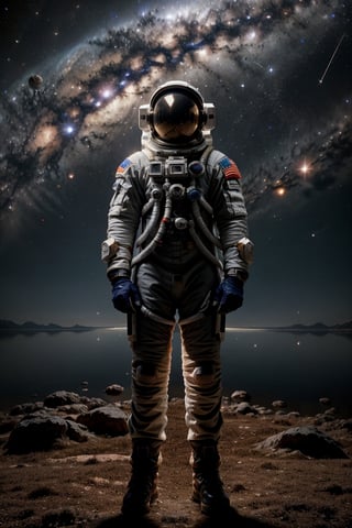 It generates a high-quality cinematic image, extreme details, ultra definition, extreme realism, high-quality lighting, 16k UHD, an astronaut in the middle of outer space with stars and planets completely full of brightness just like his suit, he is outside the ship in the middle of space floating