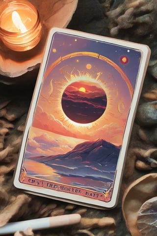 Create a tarot card that has a sunset,sticker,fluttershysaidsyayyy