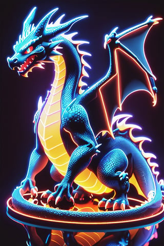 dragon, neon light style, neon lights, no scales, cartoon style, wide shot, 1 dragon, alone, Charizard from Pokemon, body alone made with neon light bars, (in dark silver and blue), black background with sparkles white and blue
