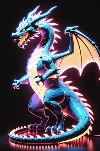dragon, neon light style, neon lights, no scales, cartoon style, long shot, 1 dragon, alone, Charizard from pokemon, body alone made with neon light bars, (in dark silver and blue), black background with sparkles white and blue
