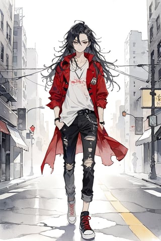 solo_male, black hair, long messy hair, grey eyes, short red punk trench coat, sleeves rolled up, black ripped jeans, chains on pants, white band v neck shirt, white and black high Converse sneakers with red laces, city background, standing in street, full_body, aesthetic, masterpiece, best quality, AissistXLv2