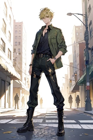 solo_male, heavy eye makeup, blonde hair, short fohawk, gold eyes, black and green jacket, dress shirt, green earrings, black combat boots, combat pants tucked in boots, city background, standing in street, full_body, aesthetic, masterpiece, best quality, AissistXLv2
