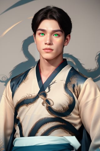 Name: Kael
17 years old
Origin: Half dragon of an ancient race lost in the temples
Physical description:
Musculature: Kael has well-defined musculature, a result of his dragon heritage.
Scaly Skin: Its skin is covered with scales in green and gold tones.
Penetrating Eyes: His eyes are an intense 
,Hanfu_Dragon_Boy
