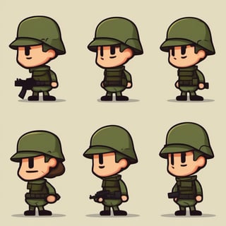 2d platformer game character sprites, military soldier without a gun, 2d side view, cartoon style