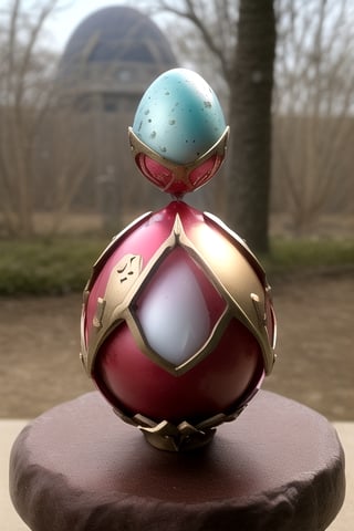Easter egg, crystal egg, super detailed, glare from behind, branded warrior, overlord egg, main body red egg, eclipse in the background, hand shaped metal stand