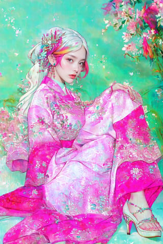 Best picture quality, high resolution, 16k, realistic, sharp focus, extreme picture quality, detailed face + eyes, casual pose, elegant, casual facial expression, realistic image of an elegant lady, no hair accessories, dark eyes , fractal art, bright colors, Korean beauty supermodel, pure white hair mixed with colorful hair tails, wearing Hanfu, wearing high-heeled sandals, radiant, perfectly customized gorgeous floral embroidery pattern suit, custom design, 1 girl, tense , looking at the audience, ,floral print,1girl,gongbiv,CLOUD,perfect