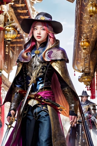Solo, 1boy, hat, weapon, female focus, sword, cloak, long ombre hair, bangs, architecture, East Asian architecture, jewelry ornaments