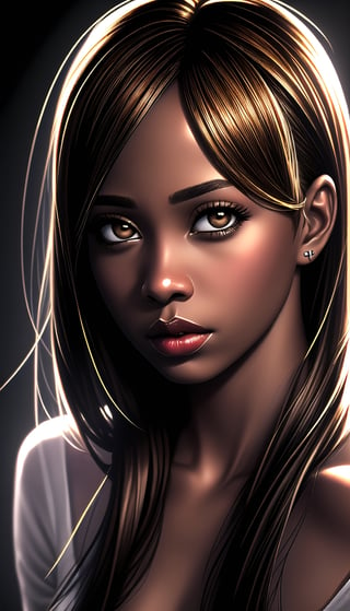 realistic photography headshot of african american hazel brown eyes , plumped lips , long back straight hair 

