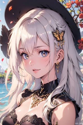 ((ink)),(water color),bloom effect,((best quality)),((world masterpiece)),((illustration)),(white_hair),(gold_eye),(((1girl))),(beautiful detailed girl),golden_eye,((extremely_detailed_eyes_and_face)),long_hair,detailed,detailed_beautiful_grassland_with_petal,flower,butterfly,necklace,smile,petal,(silver_bracelet),(((surrounded_by_heavy_floating_petal_flow))),Full Length Shot(FLS),anime,Fate,paw pose