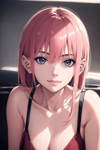 happiness!, long pink hair, dojikko pose, girly_clothing,buttercup redraw challenge (meme), full_body, car station,soft light, rim light, beautiful shadow,(photorealistic, raw photo:1.2), hyperrealism, ultra high res, 4K, Best quality, masterpiece, (cleavage:0.8) , beauty shooting studio lighting,BugCraft,1guy,portrait,1girl,makima (chainsaw man),YAMATO