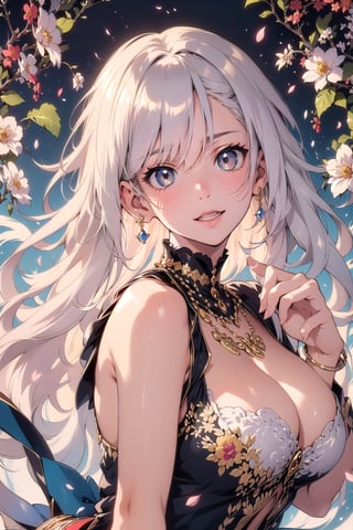((Full Length Shot(FLS))),anime,Fate,(paw pose),((ink)),(water color),bloom effect,((best quality)),((world masterpiece)),((illustration)),(white_hair),(gold_eye),(((1girl))),(beautiful detailed girl),golden_eye,((extremely_detailed_eyes_and_face)),long_hair,detailed,detailed_beautiful_grassland_with_petal,flower,butterfly,necklace,smile,petal,(silver_bracelet),(((surrounded_by_heavy_floating_petal_flow))),