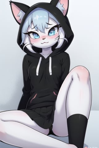 1girl, solo, cat girl, feline, furry (cute, shy, small breasts, feline, black hoodie, black skirt, black socks, blushing, head top covered with the hoodie, white fur, furry, blue eyes)