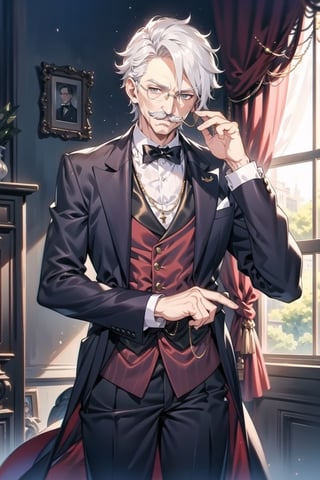 1 old man, standing, wear gold chain monocl , white hair, crescent shape mustache , grey eyes , butler suit , butler , 