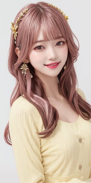 1girl, solo, looking at viewer, long hair, (bangs), red eyes, pink hair, simple background, hair ornament, white background,yellow dress,long sleeve ,close lips,smile, gem