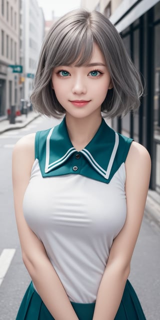 Masterpiece, Best Quality, Photorealistic, High Resolution, 8K Raw), smile, looking at viewer, upper body, 1 girl, solo, short hair, (silver gray hair, bangs:1.1), big breasts, Light 
green eyes, white collar, (black sleeveless sailor-style dress:1.3), white bandages around her arms and legs, white sneakers, calm and confident facial expression, city, street background 